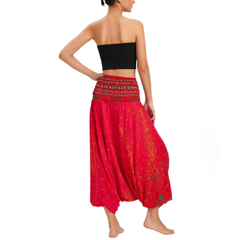 Nimara Ritual Two Style Wear Peacock Feather Loose Smocked Harem Trousers Jumpsuit High Waist Pants
