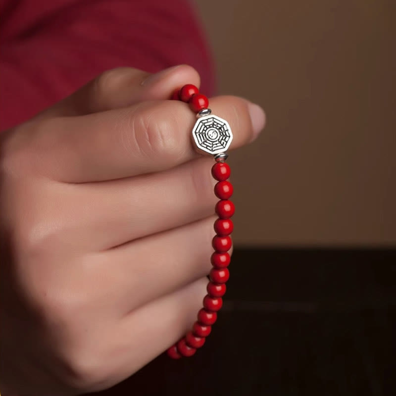 Nimara Ritual 925 Sterling Silver Yin Yang Bagua Symbol Cinnabar String Concentration Bracelet