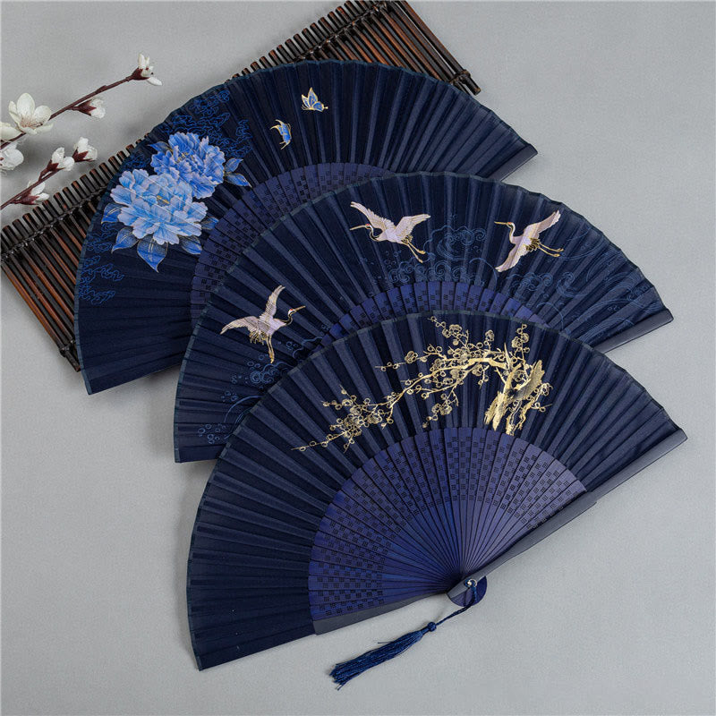 Nimara Ritual Crane Dragonfly Lotus Peony Plum Blossom Butterfly Handheld Silk Bamboo Folding Fan 22.5cm