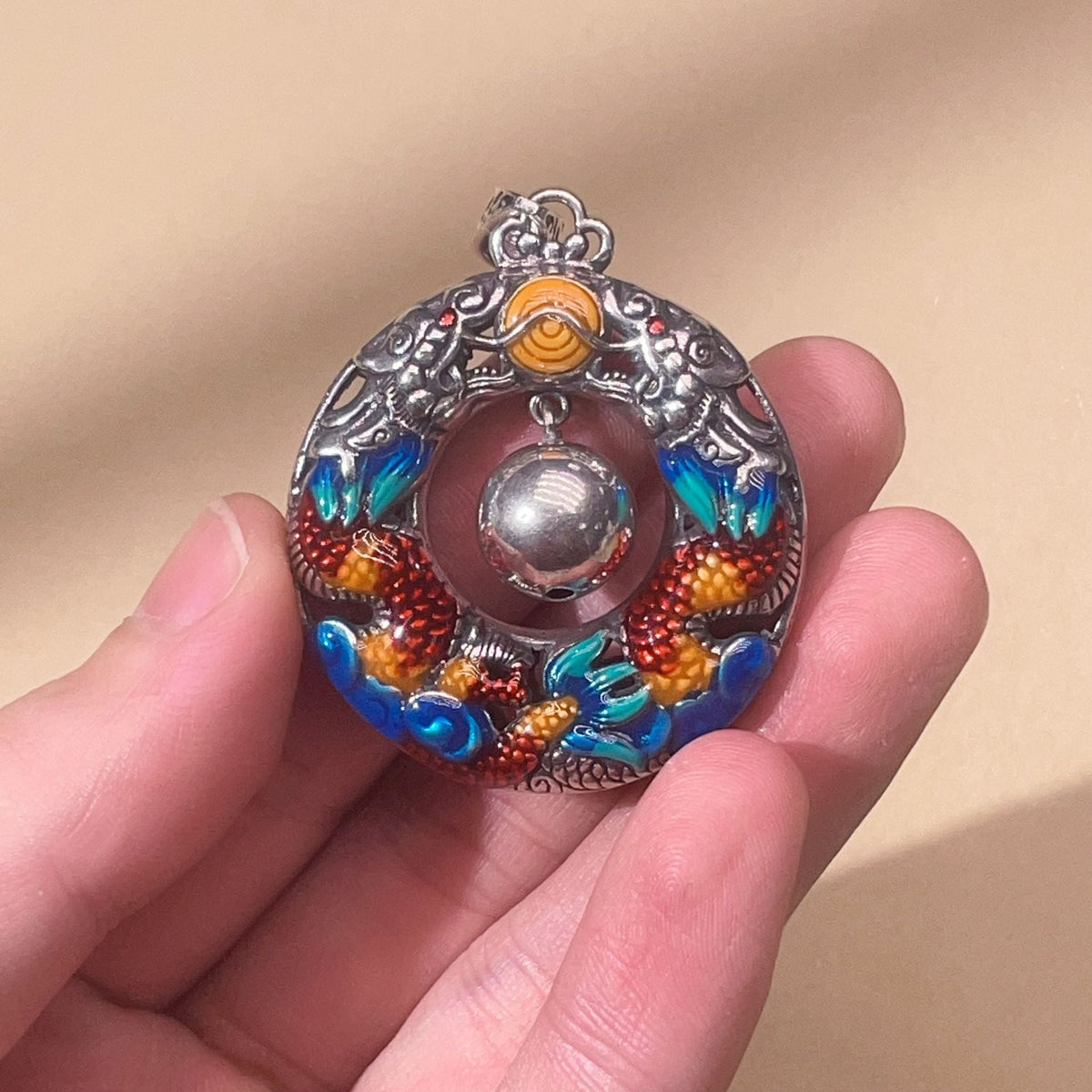 Nimara Ritual Year of the Dragon Colorful Double Dragons Playing Bead Copper Protection Necklace Pendant