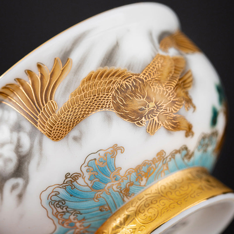 Nimara Ritual Golden Eagle Auspicious Dragon Sun Ocean Waves Gilt Ceramic Teacup Kung Fu Tea Cup