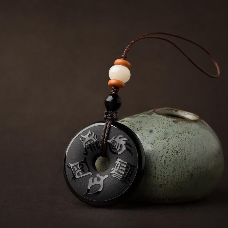 Nimara Ritual Black Obsidian Taoism Five Sacred Mountains Carved Strength Peace Buckle Necklace Pendant Key Chain Phone Hanging Decoration