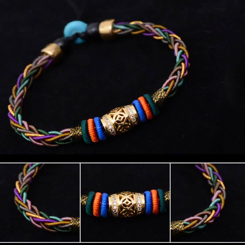Nimara Ritual Tibetan Handmade Eight Thread Knot Copper Coin Luck Weave String Bracelet