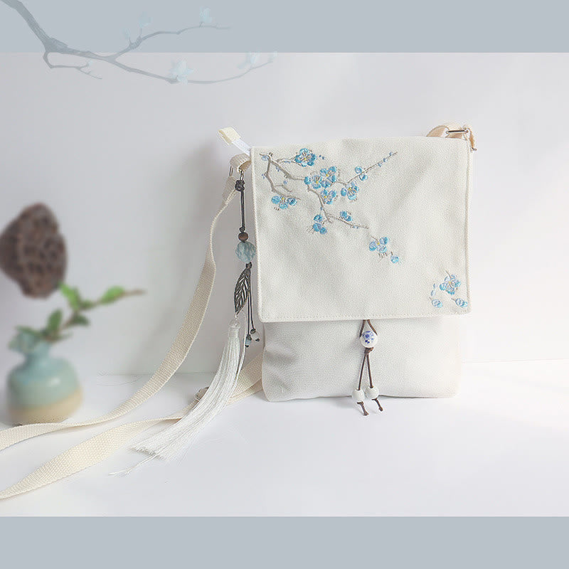 Nimara Ritual Handmade Embroidered Plum Flowers Canvas Crossbody Bag Shoulder Bag Handbag