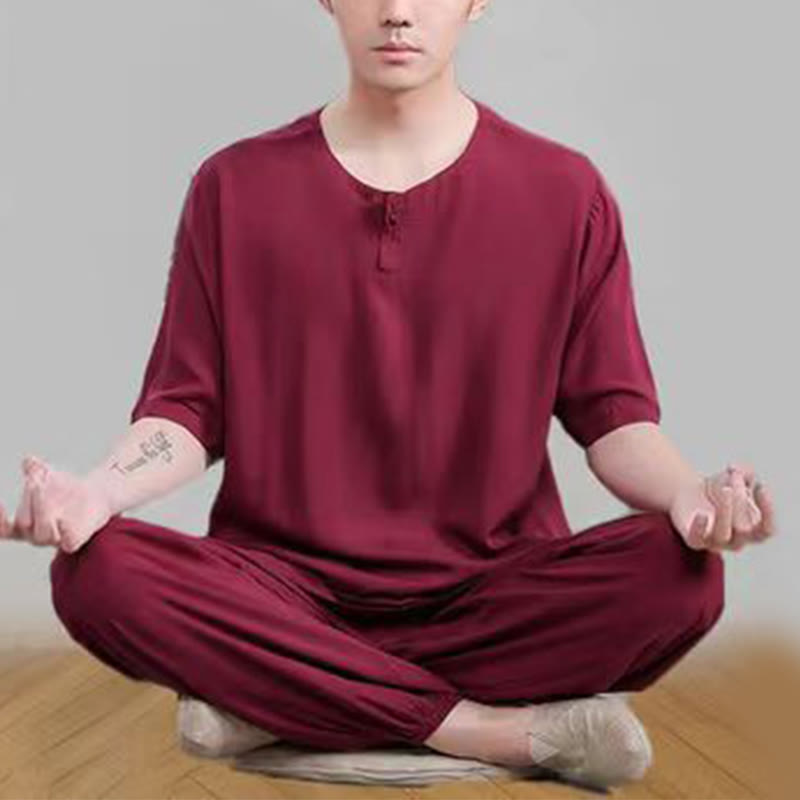 Nimara Ritual 2Pcs Half Sleeve T-Shirt Pants Meditation Zen Tai Chi Cotton Linen Clothing Unisex Set