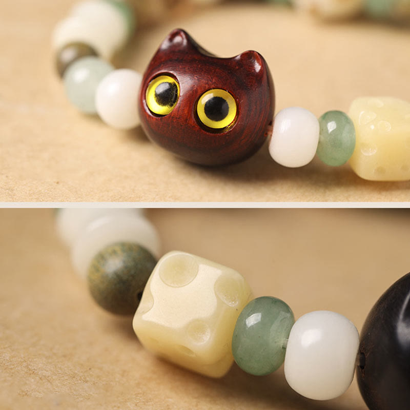 Nimara Ritual Bodhi Seed Green Sandalwood Ebony Wood Small Leaf Red Sandalwood Cat Head Paw Claw Peace Bracelet