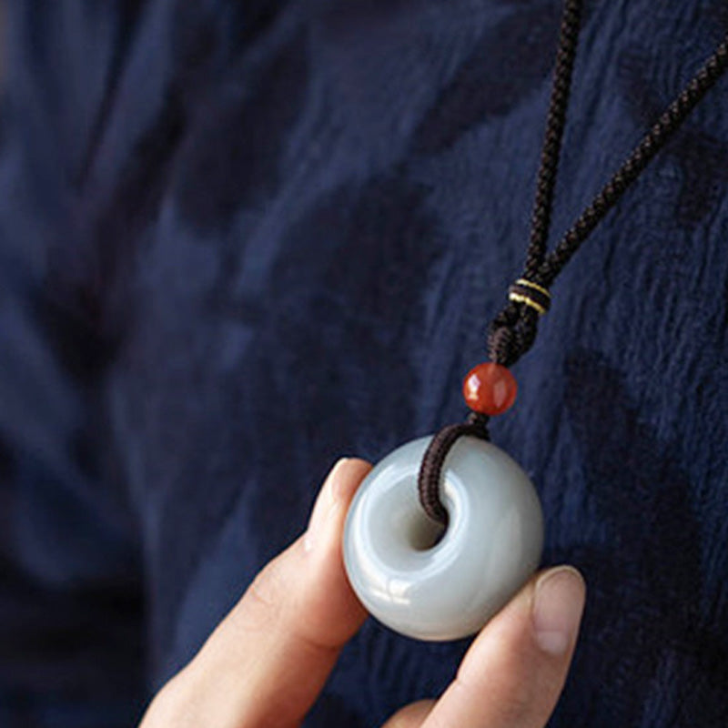 Nimara Ritual Natural Round Jade Gray Jade Peace Buckle Luck Necklace Pendant