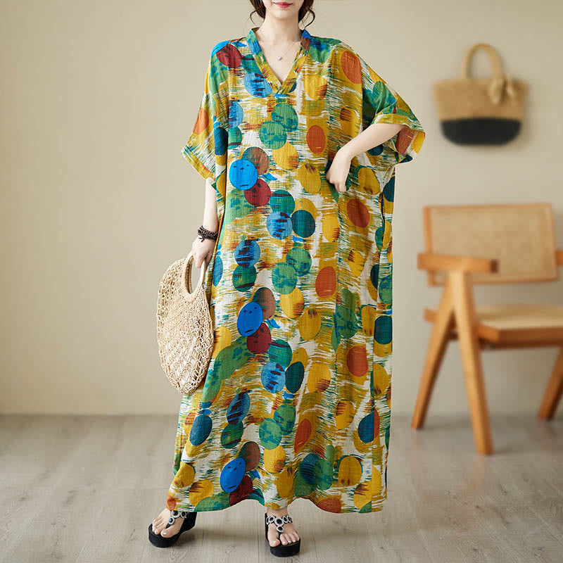 Nimara Ritual Orange Blue Colorful Polka Dots Midi Dress Cotton Half Sleeve Dress With Pockets