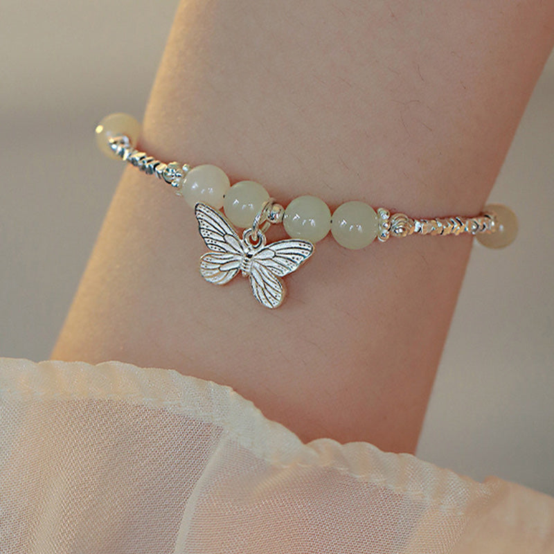 Nimara Ritual 925 Sterling Silver Natural Hetian Jade Luck Butterfly Charm Bracelet