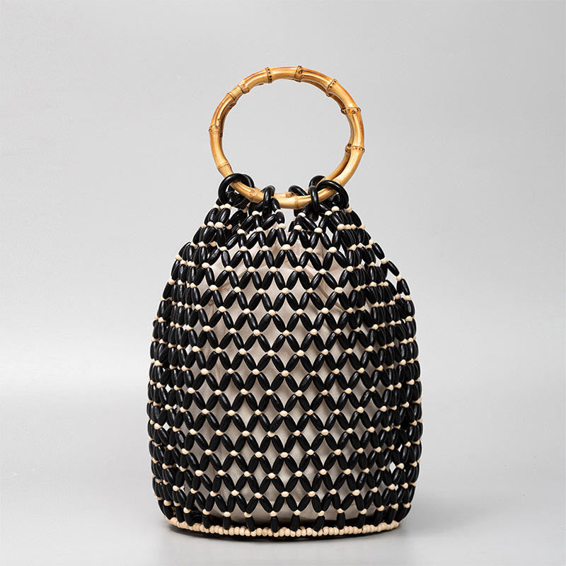Nimara Ritual Hand-woven Wooden Beads Bamboo Handle Shoulder Bag Handbag