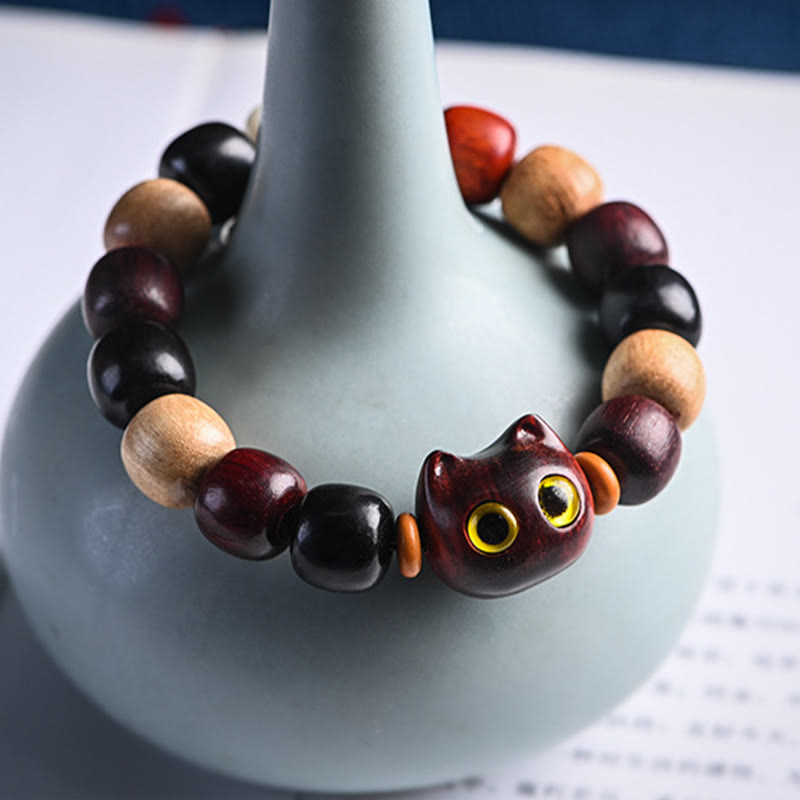 Nimara Ritual Small Leaf Red Sandalwood Ebony Wood Cute Cat Engraved Protection Bracelet