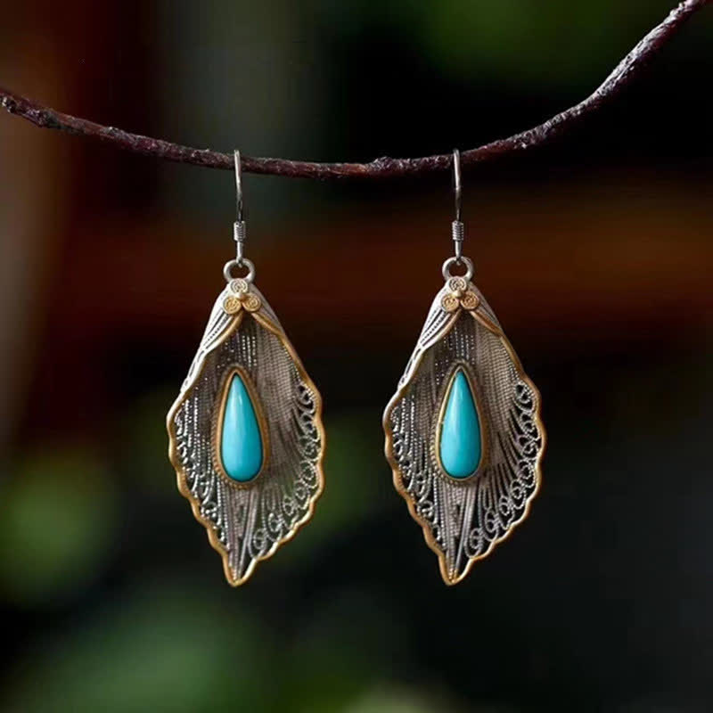 Nimara Ritual 925 Sterling Silver Turquoise Bodhi Leaf Pattern Protection Drop Dangle Earrings