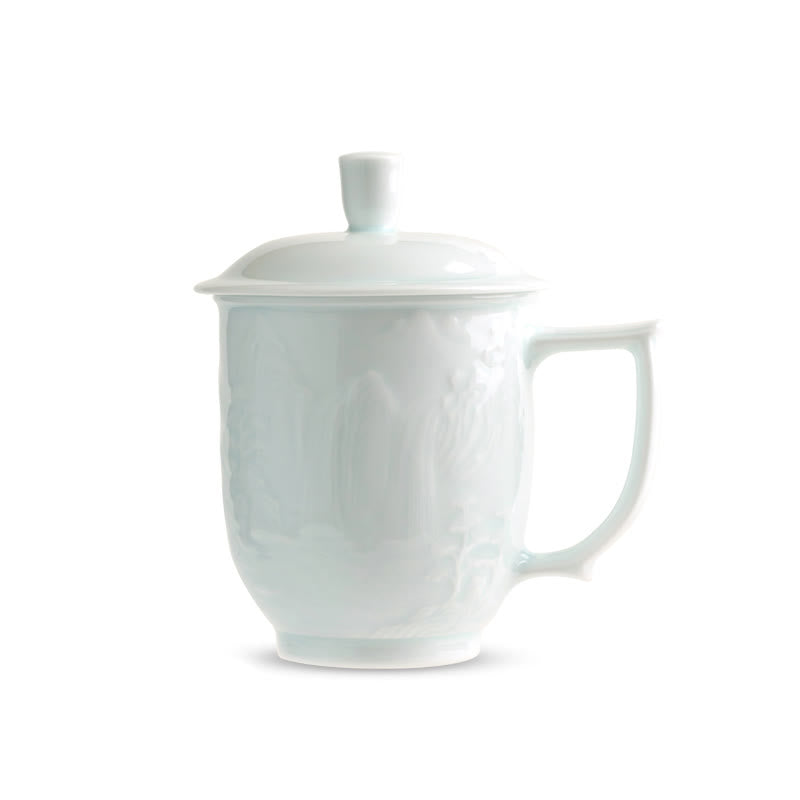 Nimara Ritual Jingdezhen White Porcelain Handmade Great Wall Landscape Engraved Ceramic Teacup Office Mug Tea Cups