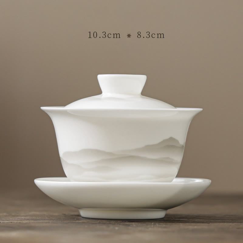 Nimara Ritual Vintage Ink Painting Mountain White Porcelain Ceramic Gaiwan Sancai Teacup Kung Fu Tea Cup And Saucer With Lid Tea Utensil Teapot