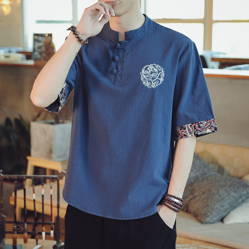 Nimara Ritual Frog-Button Dragon Embroidery Chinese Tang Suit Short Sleeve Shirt Men Clothing