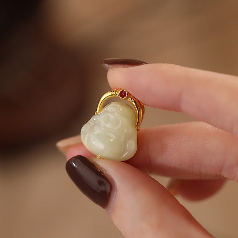 Nimara Ritual 925 Sterling Silver Natural Hetian Jade Laughing Buddha Abundance Chain Necklace Pendant