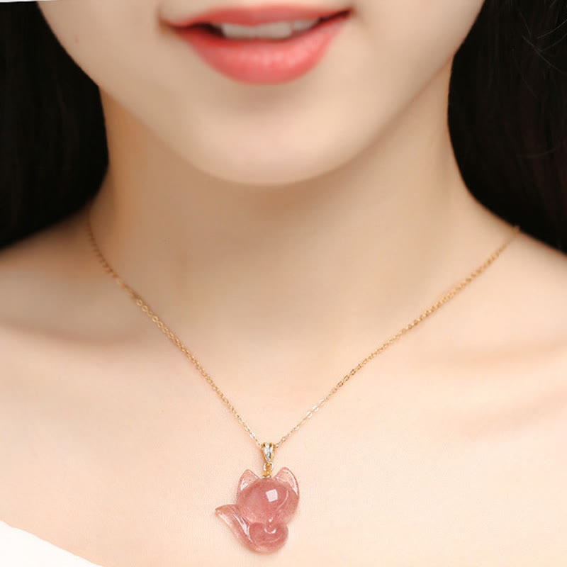Nimara Ritual 925 Sterling Silver Plated 14k Gold Strawberry Quartz Fox Healing Necklace Pendant