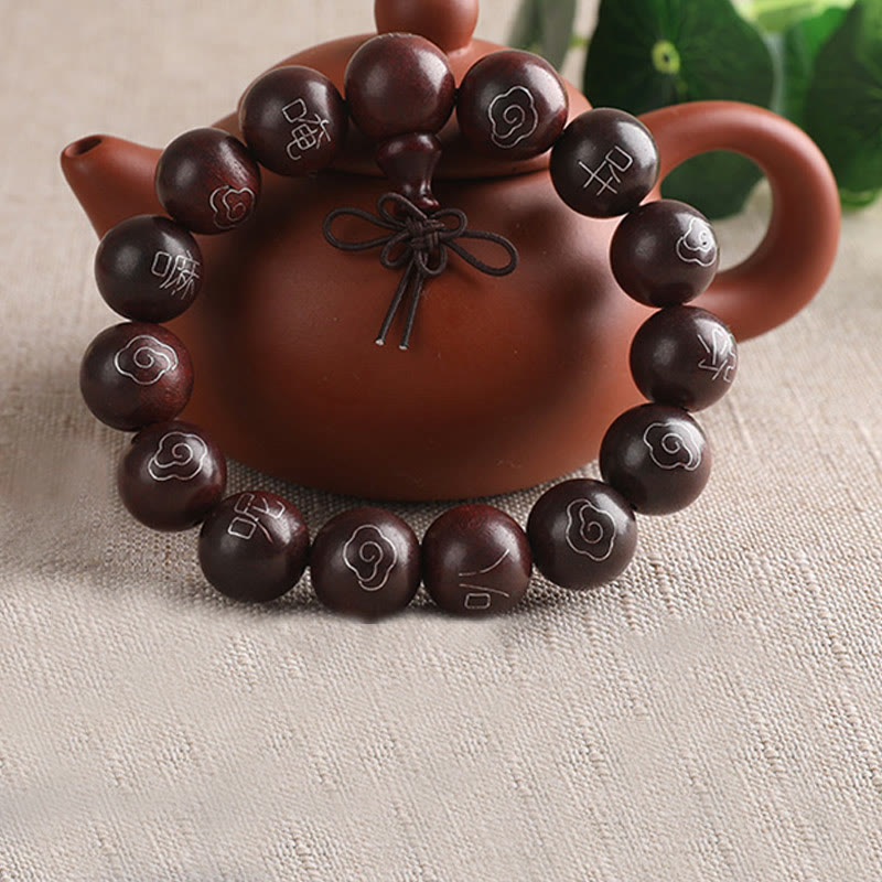 Nimara Ritual 925 Sterling Silver Inlaid Small Leaf Red Sandalwood Om Mani Padme Hum Character Auspicious Clouds Protection Bracelet
