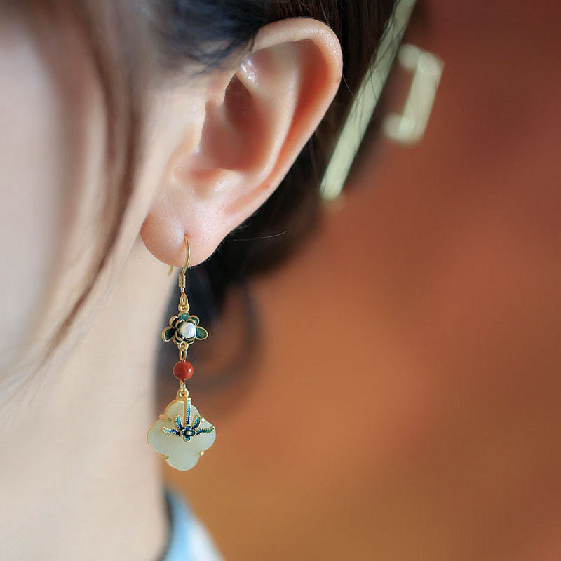 Nimara Ritual Lucky Four Leaf Clover Jade Abundance Copper Earrings