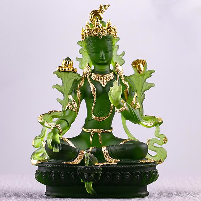 Nimara Ritual Bodhisattva Green Tara Handmade Liuli Crystal Art Piece Protection Home Office Statue Decoration