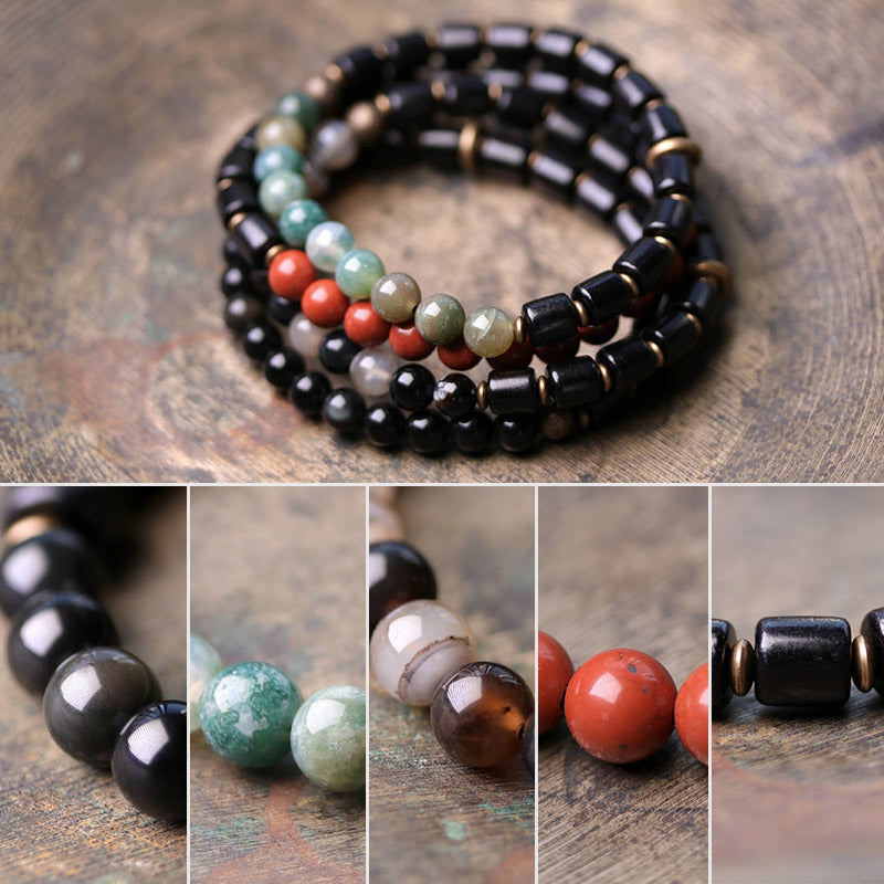 Nimara Ritual Ebony Wood Red Jasper Moss Agate Crystal Copper Peace Couple Bracelet