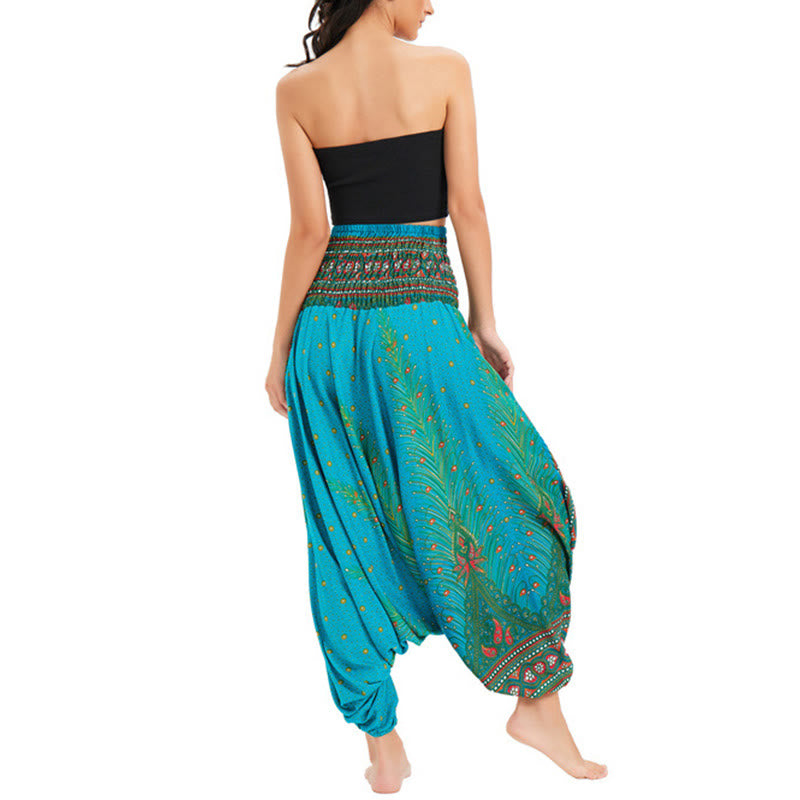Nimara Ritual Two Style Wear Peacock Feather Loose Smocked Harem Trousers Jumpsuit High Waist Pants