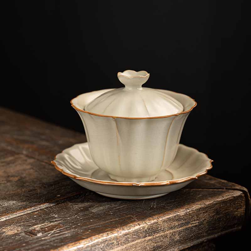 Nimara Ritual Beige Plum Blossom Shape Peach Branch Ceramic Gaiwan Sancai Teacup Kung Fu Tea Cup With Lid