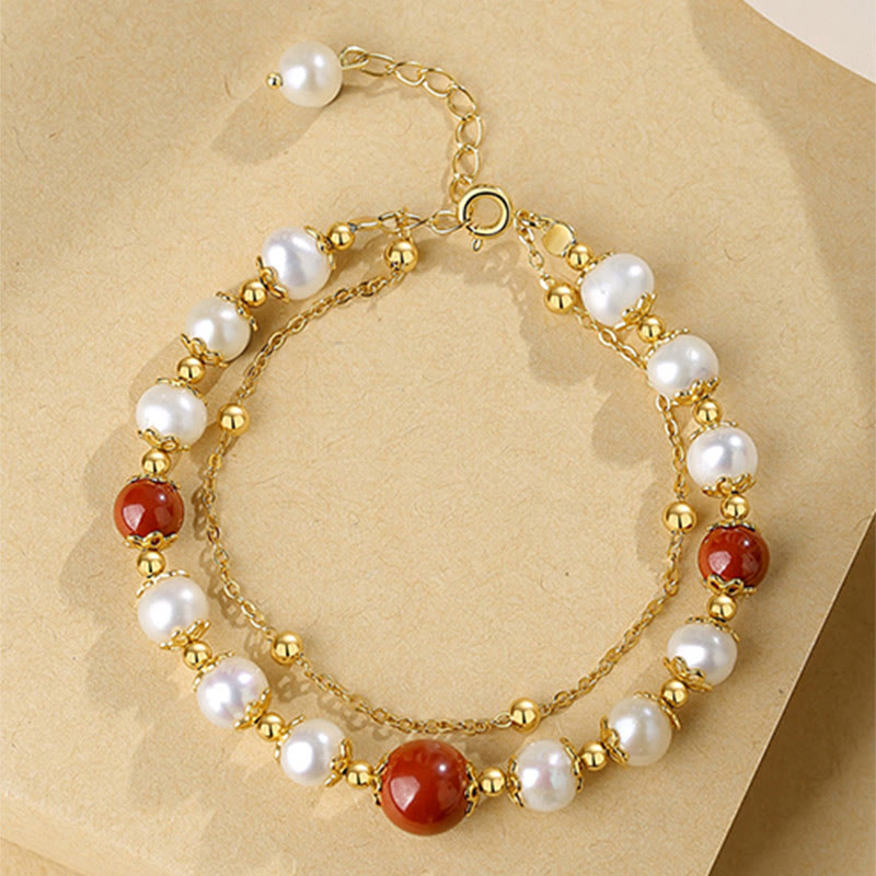 Nimara Ritual 925 Sterling Silver Pearl Cinnabar Wisdom Bead Double Layer Chain Bracelet