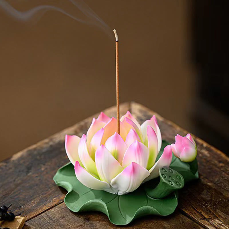 Nimara Ritual Lotus Flower Leaf Pod Spiritual Healing Ceramic Stick Incense Burner Decoration