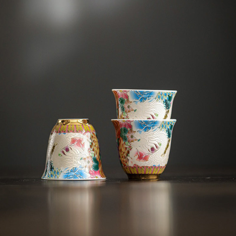 Nimara Ritual Dragon Phoenix Flowers Ceramic Teacup Kung Fu Tea Cup 50ml