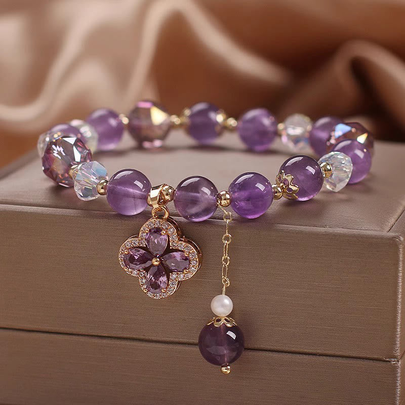 Nimara Ritual Natural Amethyst Crystal Four Leaf Clover Spiritual Healing Bracelet