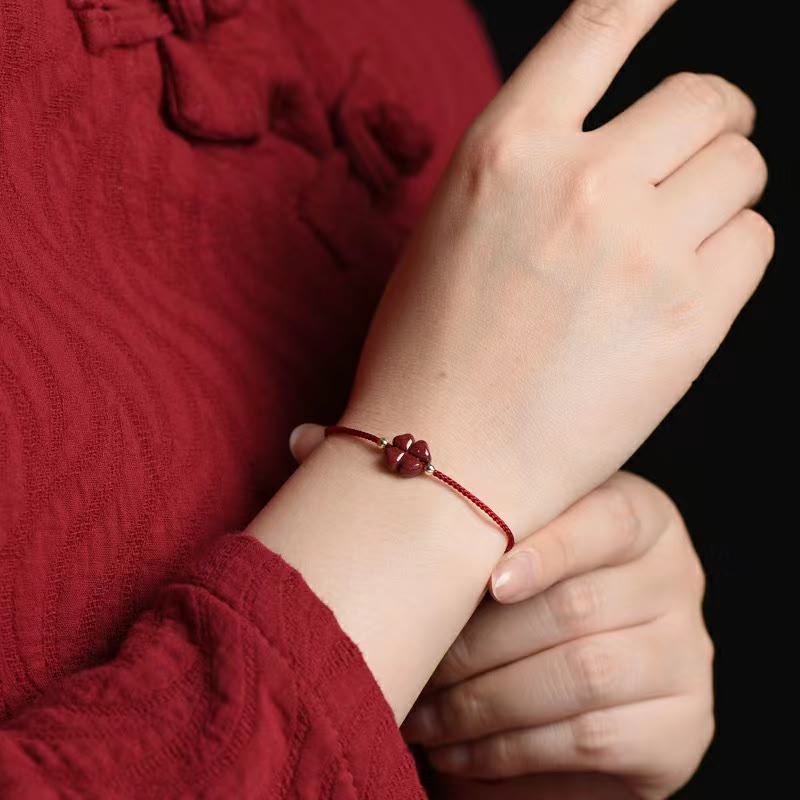Nimara Ritual Natural Cinnabar Four Leaf Clover Blessing Red String Bracelet Anklet