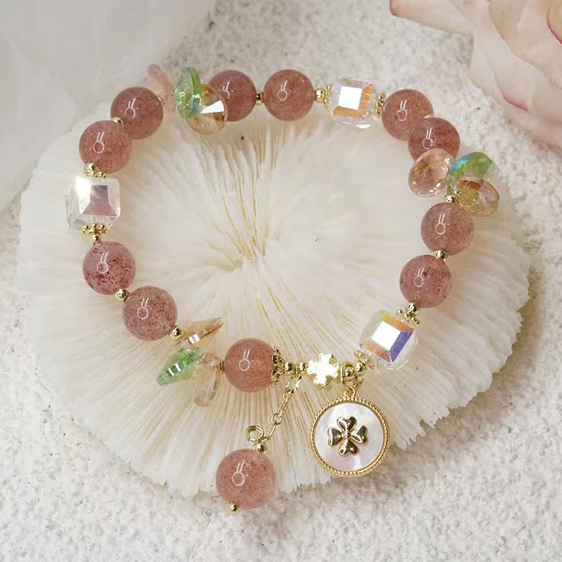 Nimara Ritual Strawberry Quartz Lucky Four Leaf Clover Healing Charm Bracelet