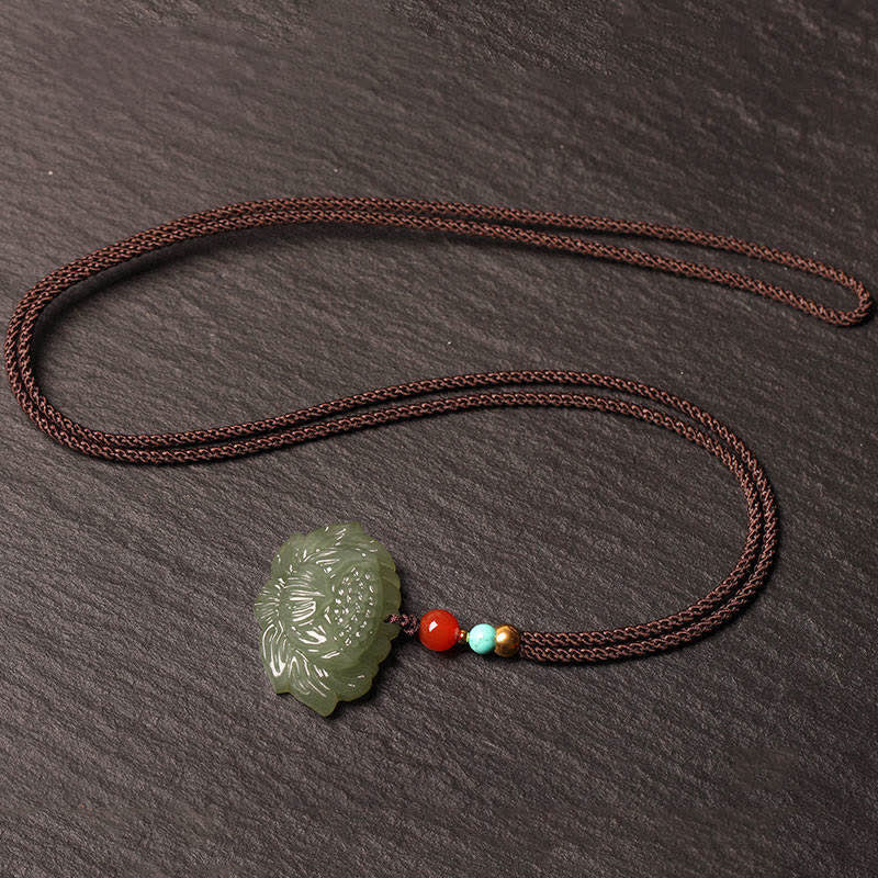 Nimara Ritual Hetian Cyan Jade Lotus Flower Success Necklace Pendant