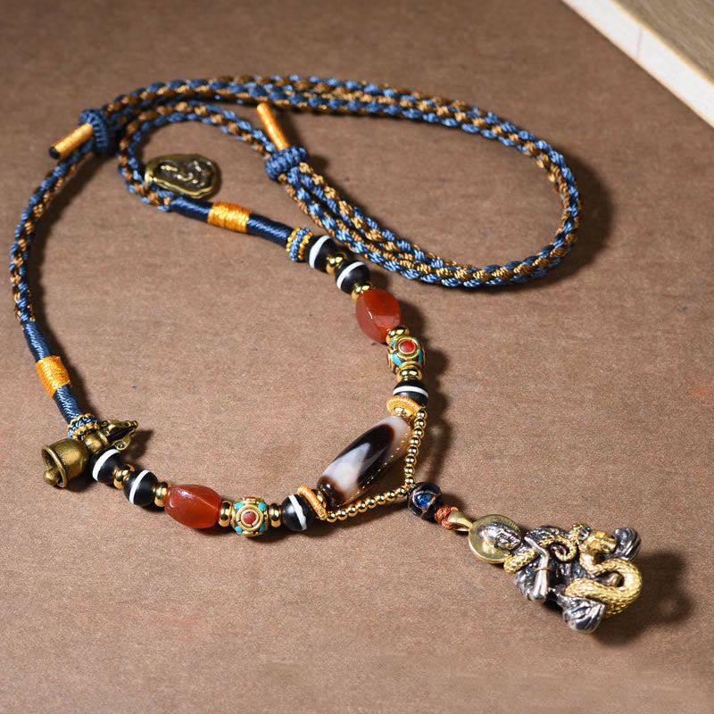 Nimara Ritual Handmade Buddha Snake Skull Head Dzi Bead Serenity Rope Necklace Pendant