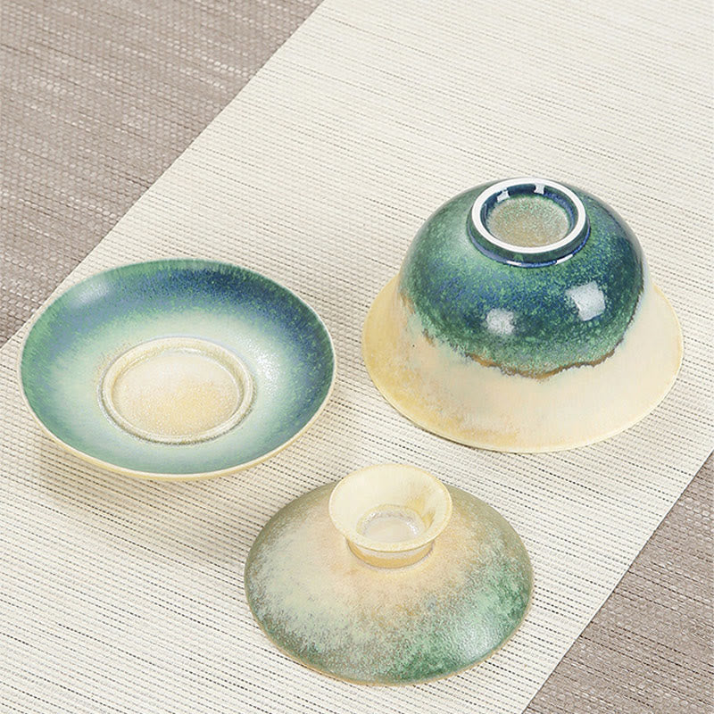Nimara Ritual Green Ocean Waves Design Porcelain Ceramic Gaiwan Sancai Teacup Kung Fu Tea Cup And Saucer With Lid