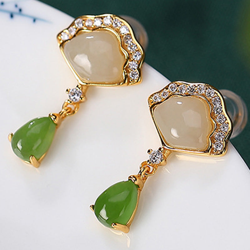 Nimara Ritual White Jade Cyan Jade Fan Water Drop Pattern Luck Drop Earrings