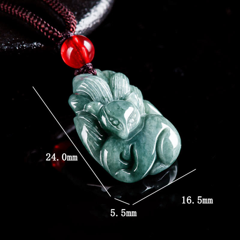 Nimara Ritual Natural Green Jade Nine Tailed Fox Engraved Prosperity Necklace Pendant