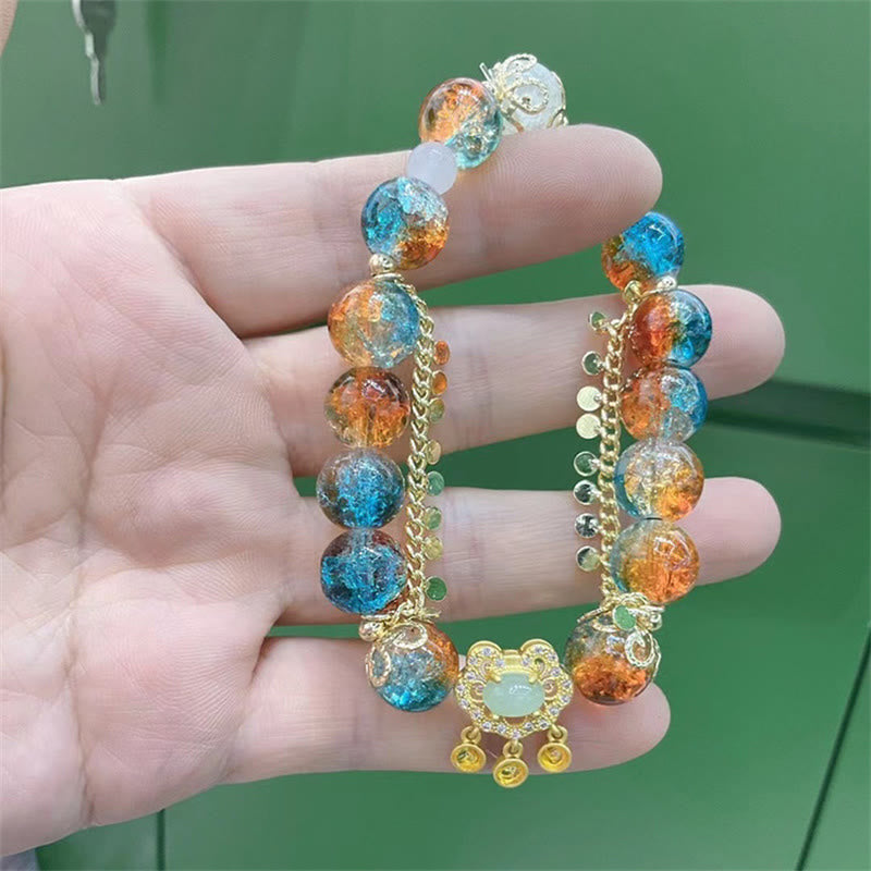 Nimara Ritual Colorful Liuli Glass Bead Chinese Lock Charm Fortune Bracelet