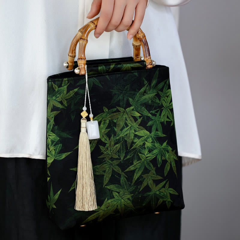 Nimara Ritual Bamboo Leaves Butterfly Koi Fish Bamboo Handles Handbag