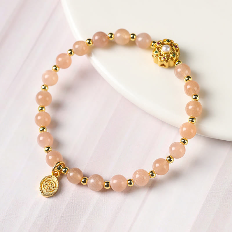 Nimara Ritual 14K Gold Plated Natural Strawberry Quartz Labradorite Sun Stone Fu Character Positive Charm Bracelet