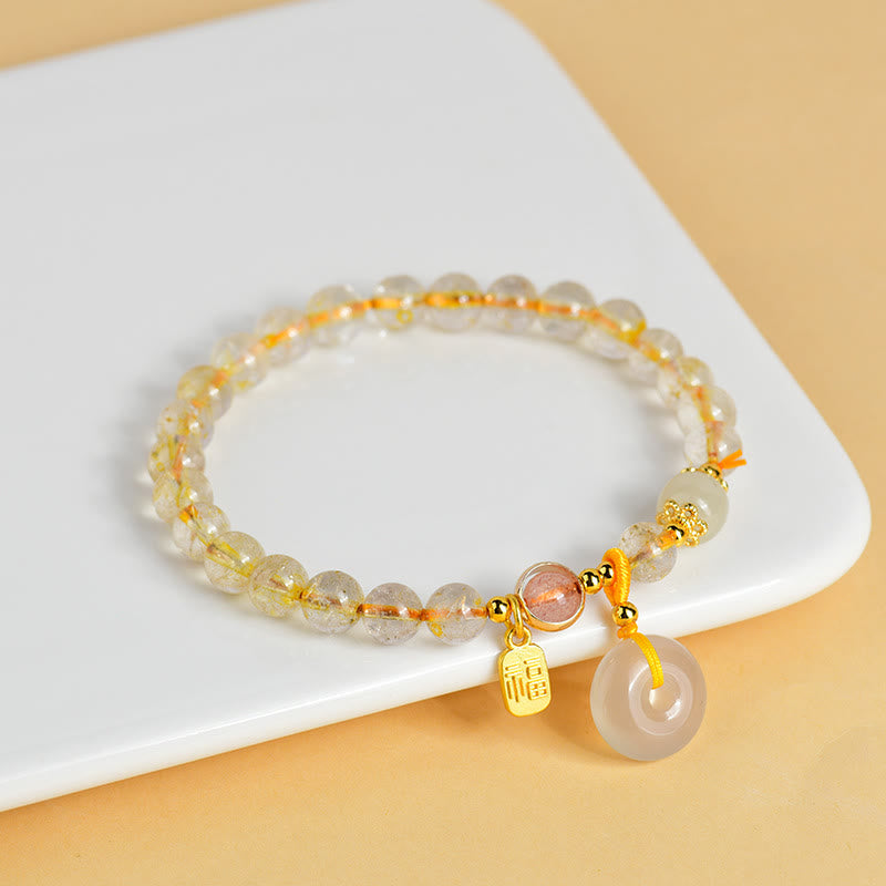 Nimara Ritual Natural Golden Rutilated Quartz Fu Character Peace Buckle Charm Wealth Bracelet