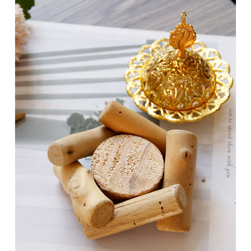Nimara Ritual Gold Alloy Healing Mini Incense Burner With Wooden Coaster Home Decor