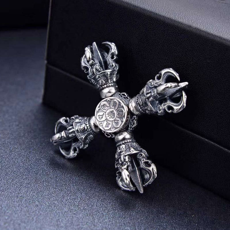 Nimara Ritual Tibetan 925 Sterling Silver Double Dorje Vajra Engraved Spiritual Power Pendant