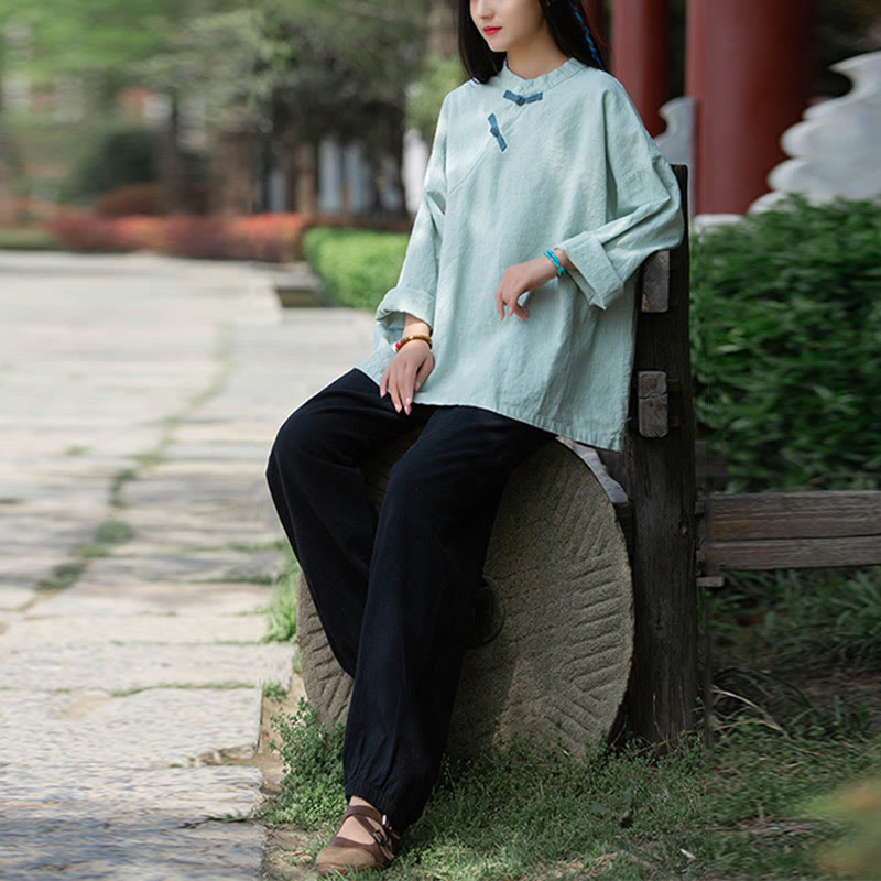 Nimara Ritual Ramie Linen Loose Blouse Women Long Sleeve Shirt Chinese Hanfu Top