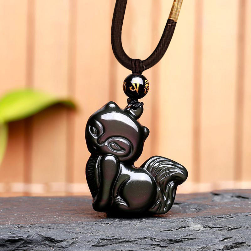 Nimara Ritual Natural Rainbow Obsidian Gold Sheen Obsidian Nine Tailed Fox Positive Necklace Pendant