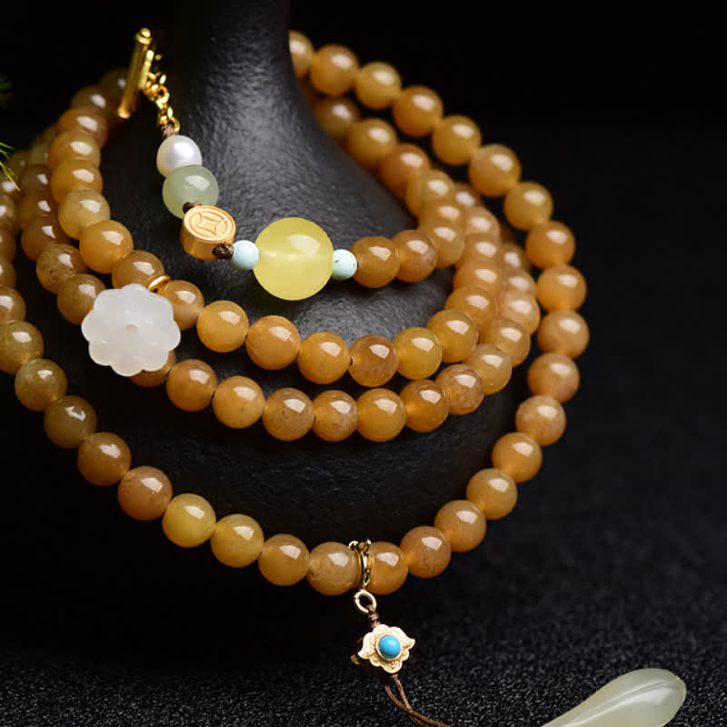 Nimara Ritual Natural Hetian Topaz Amber Lotus White Jade Pearl Success Bracelet