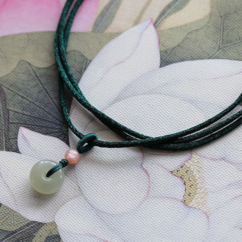 Nimara Ritual Natural Round Jade Peace Buckle Lotus Abundance String Necklace Pendant