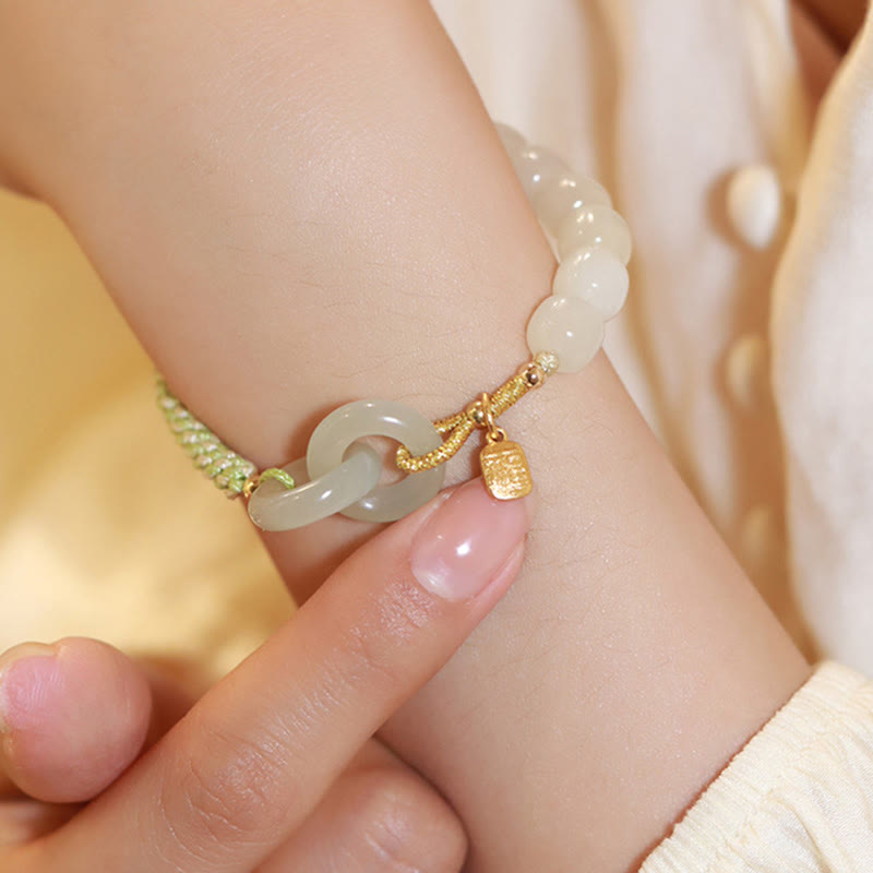 Nimara Ritual Natural Hetian Jade Bead Double Peace Buckle Fu Character Abundance Braided Bracelet