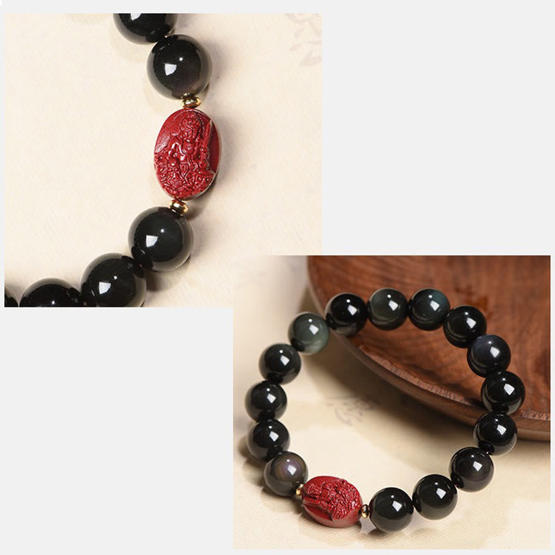 Nimara Ritual Chinese Zodiac Natal Buddha Natural Black Obsidian Cinnabar Purification Bracelet
